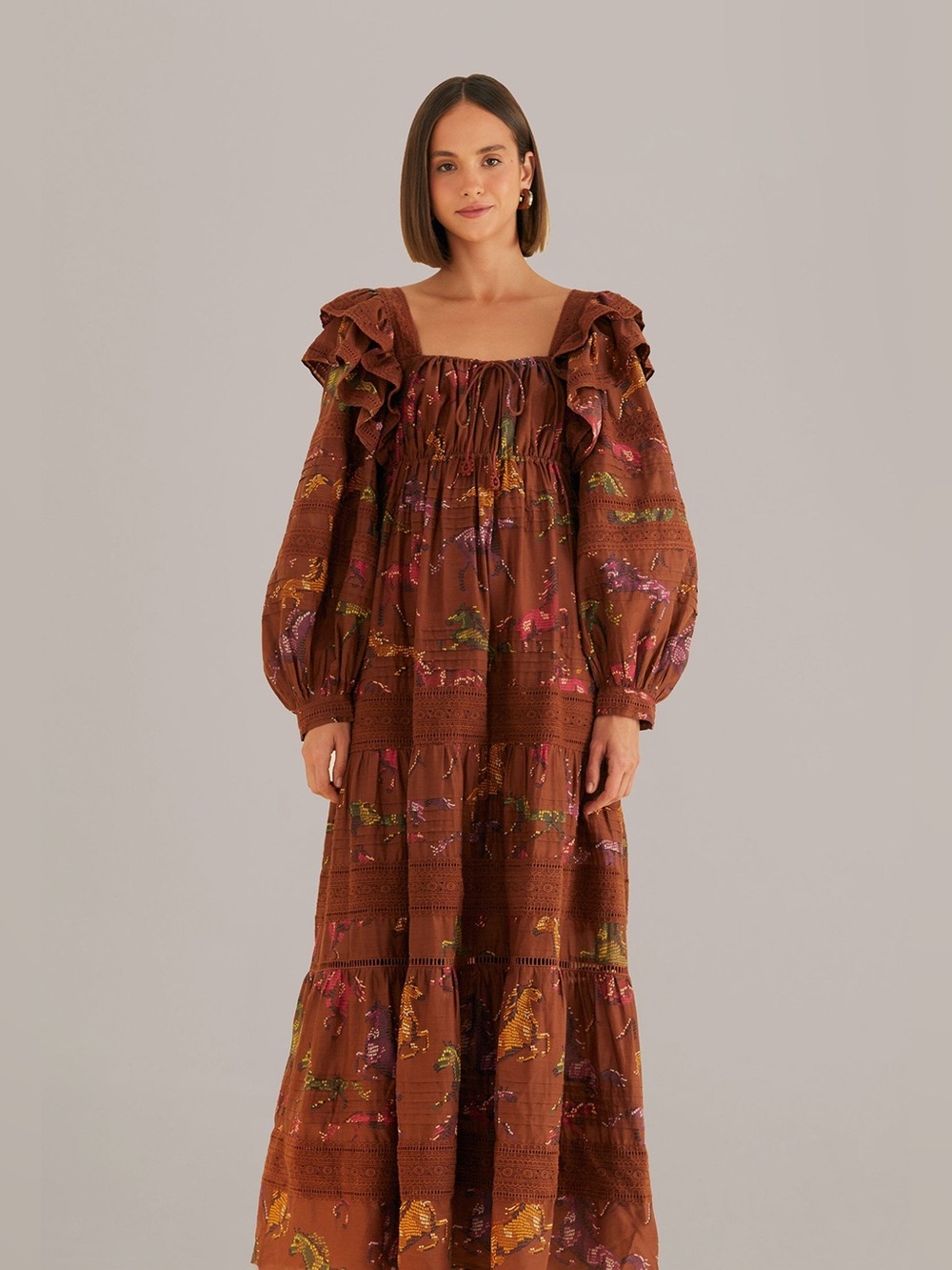Farm Rio Brown Dotted Horses Maxi Dress XS